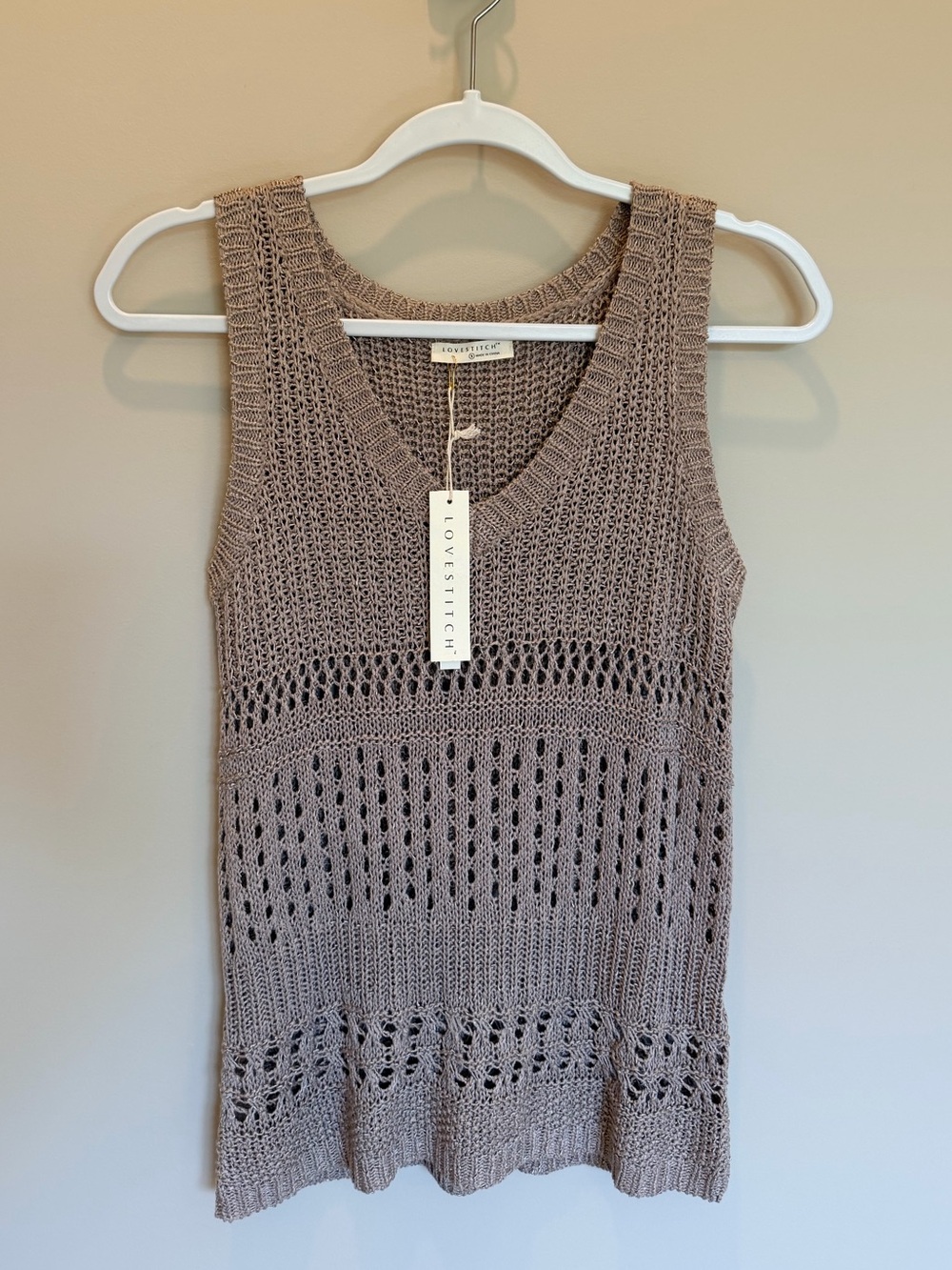 Love Stitch Crochet Open Knit V-Neck Sweater Tank Taupe Size S NWT